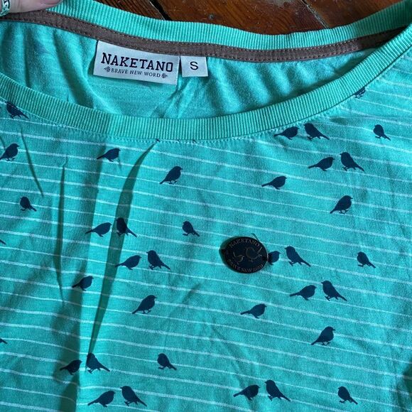 Naketano Bird Stripe Green Short Sleeve Shirt, Italian Blouse, Size Small - Picture 3 of 11